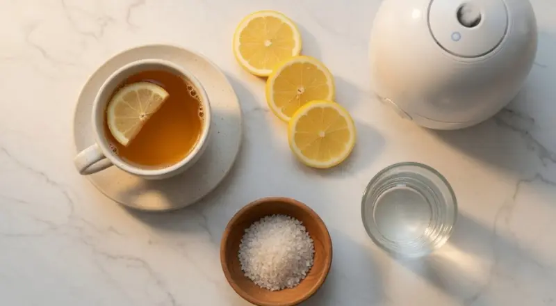 Natural sore throat remedies including honey lemon tea and salt water gargle for fast sore throat relief